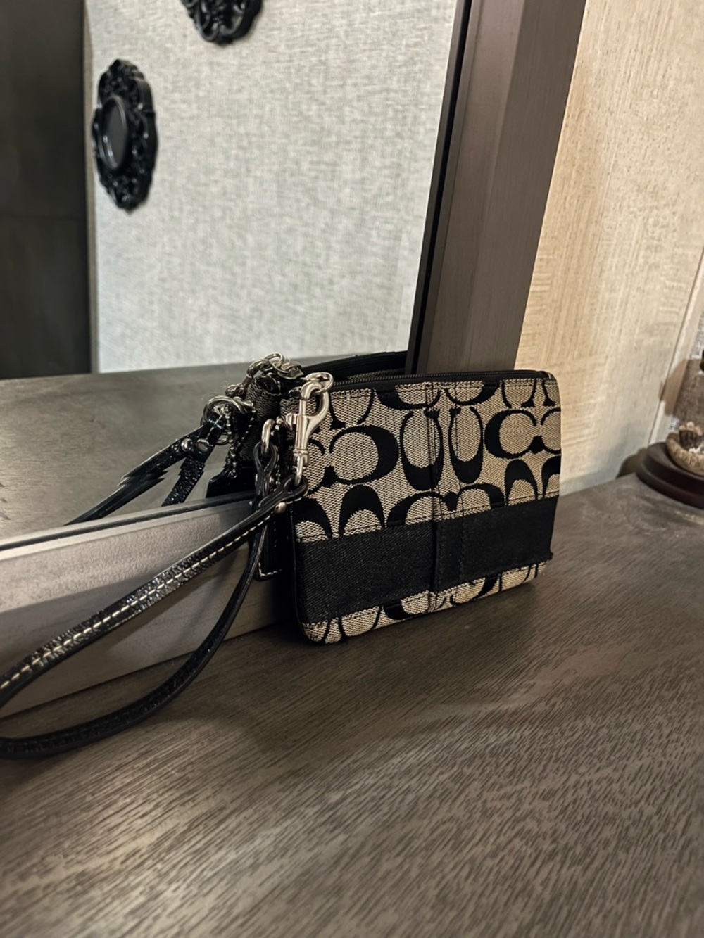 Coach Beige and Black Signature Canvas Wristlet